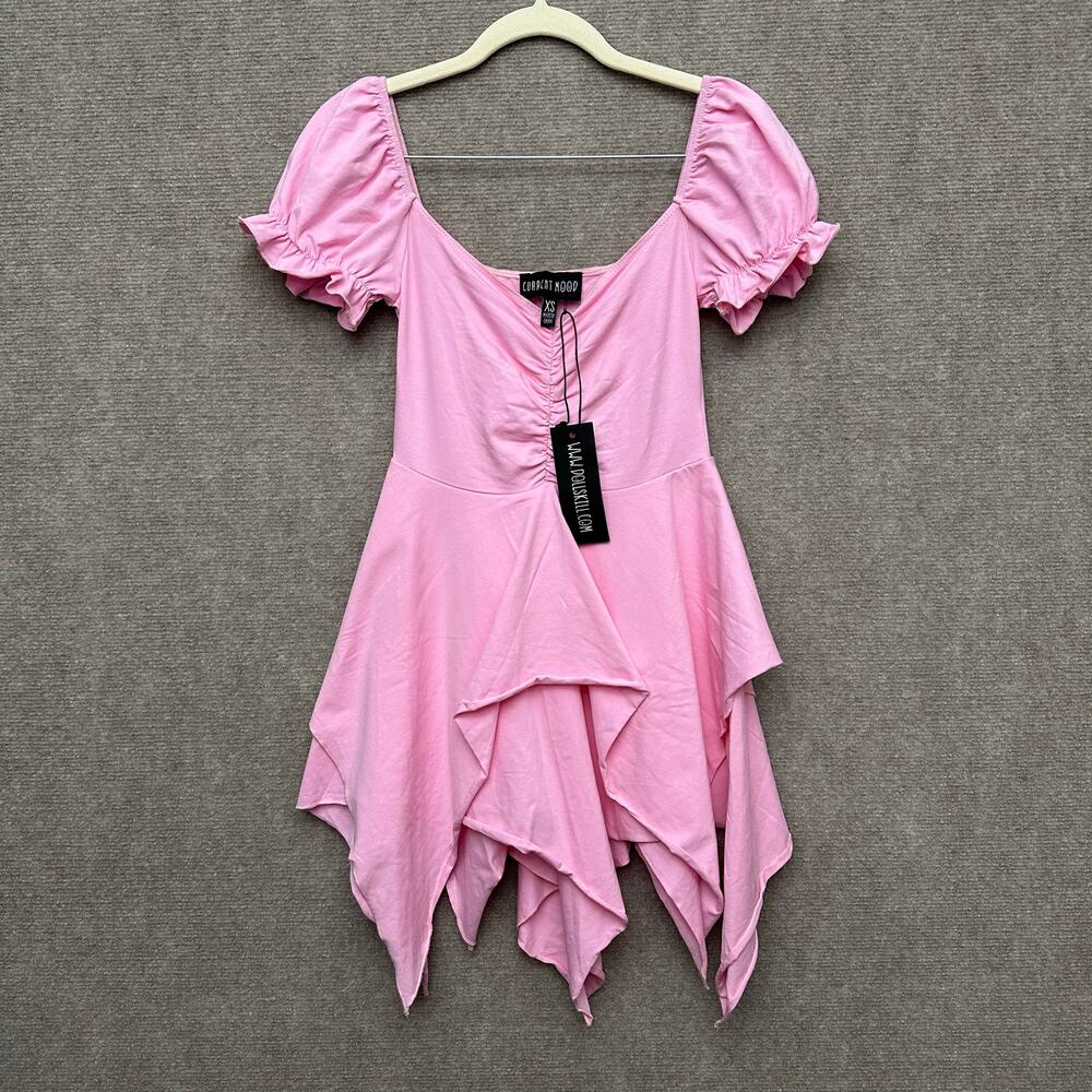 Current Mood Pink Milkmaid Dress Handkerchief Hem Fairycore Coquette Mini Sz XS